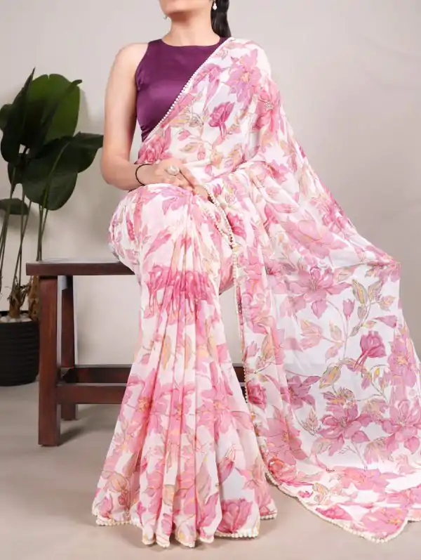 Nice Peach Color Weightless Marble Floral Print Pearl Lace Border Saree