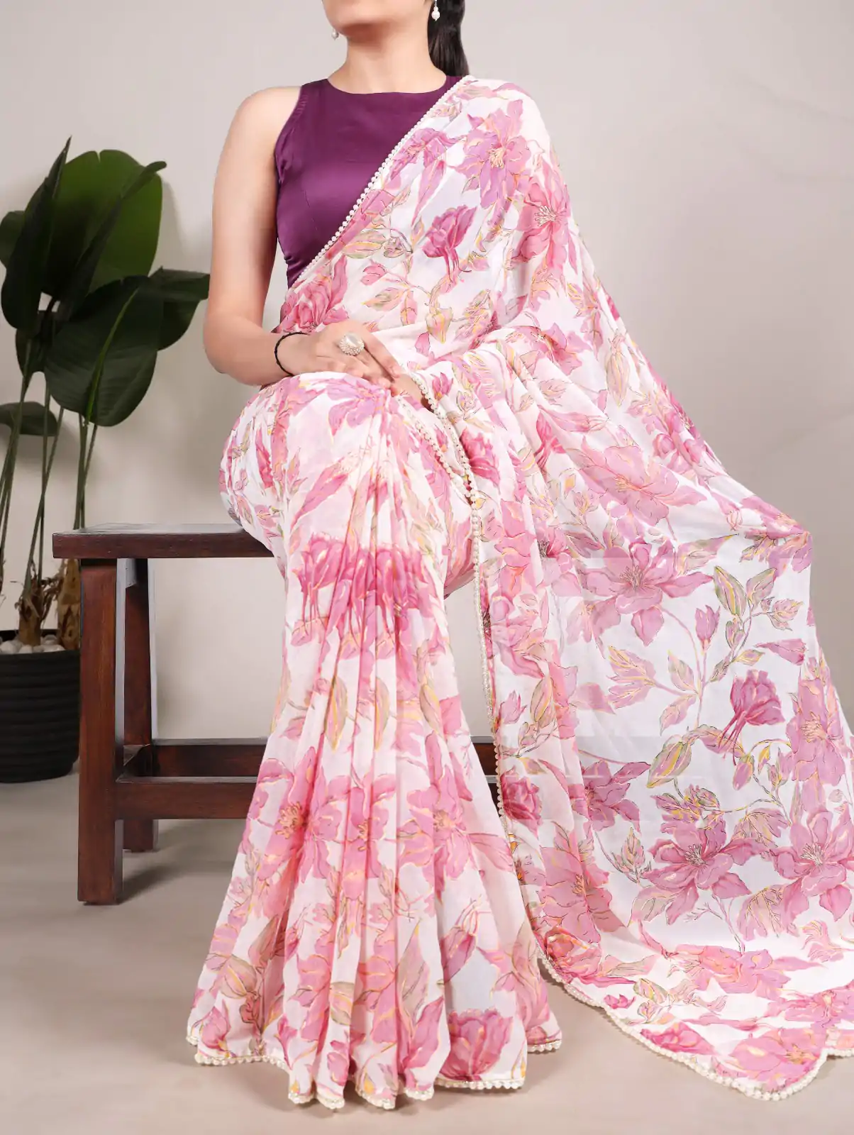 Nice Peach Color Weightless Marble Floral Print Pearl Lace Border Saree