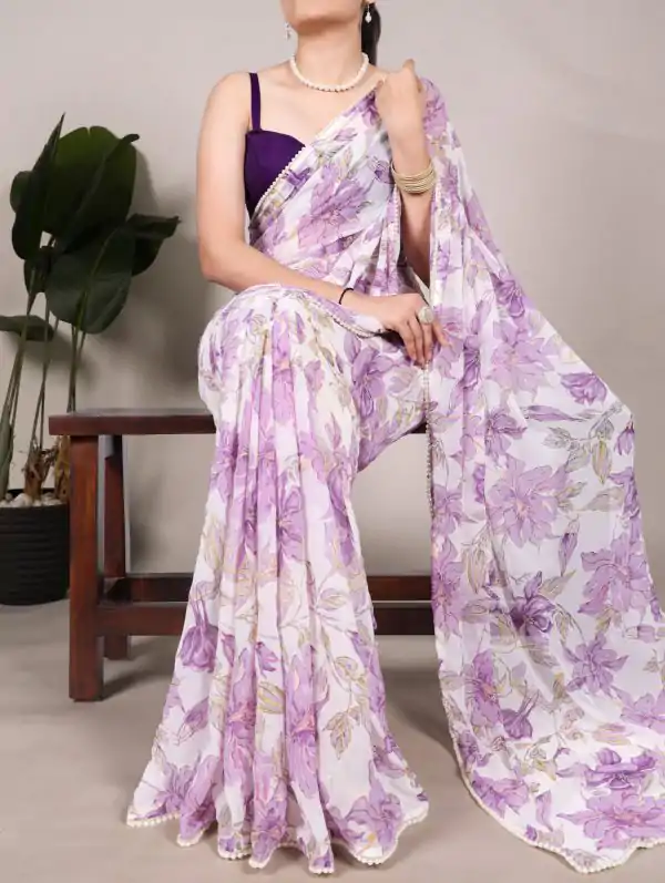 Purple Weightless Marble Floral Print Pearl Lace Border Saree