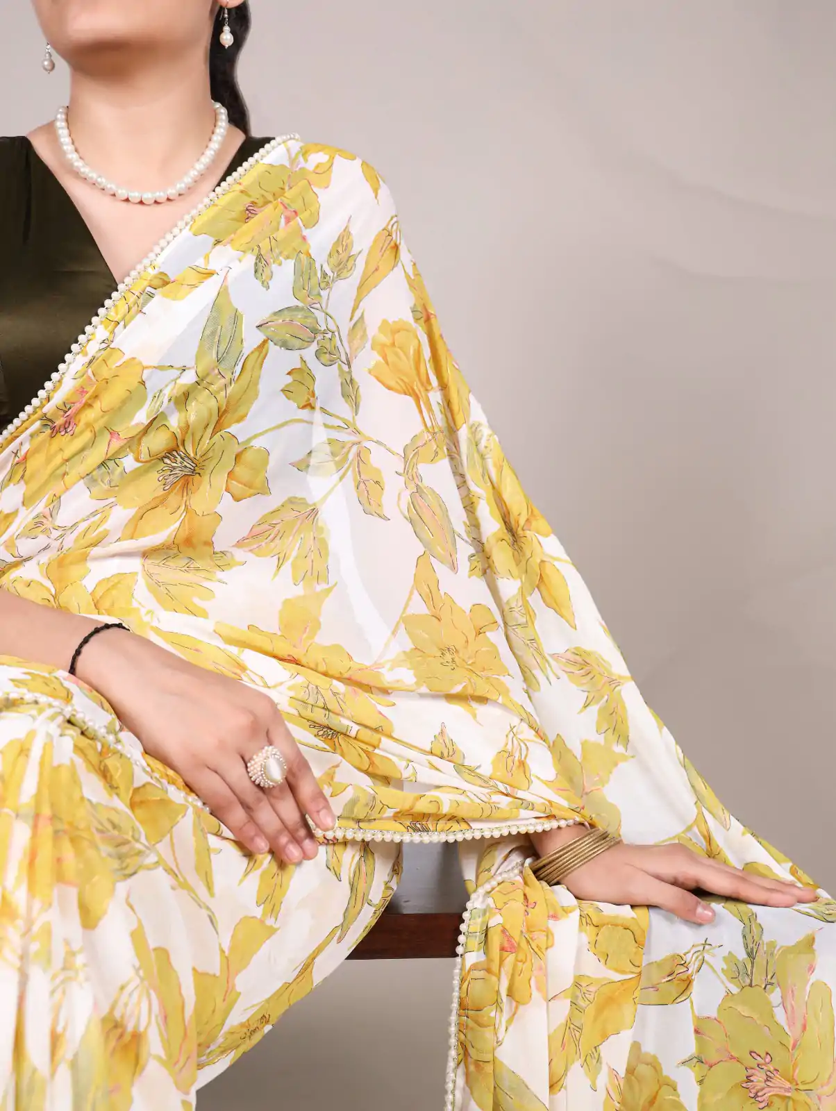 Nice Yellow Color Weightless Marble Floral Print Pearl Lace Border Saree - Image 2