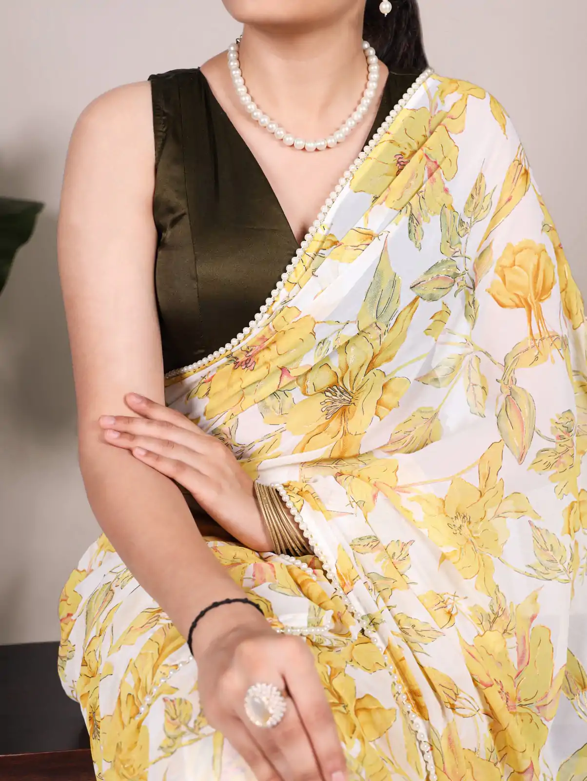 Nice Yellow Color Weightless Marble Floral Print Pearl Lace Border Saree - Image 3