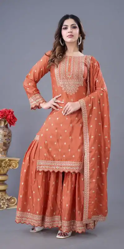 Perfect Orange Color Chinon Silk Sequence Work Salwar Suit