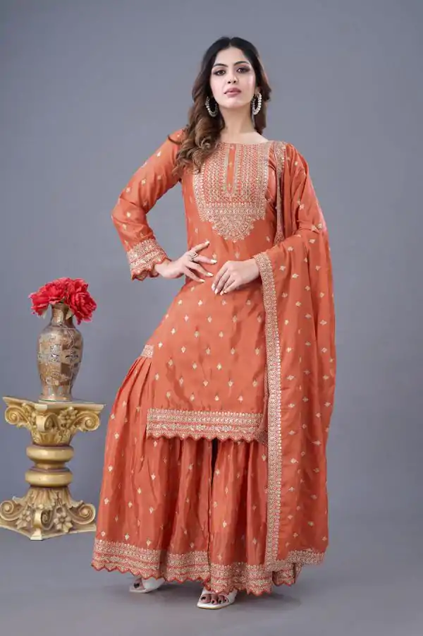 Perfect Orange Color Chinon Silk Sequence Work Salwar Suit