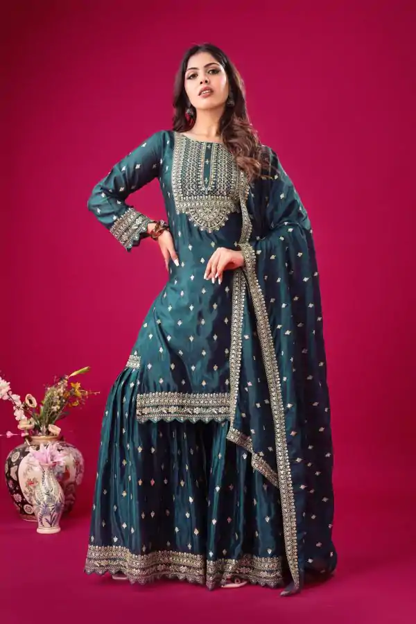 Perfect Peacock Blue Color Chinon Silk Sequence Work Salwar Suit