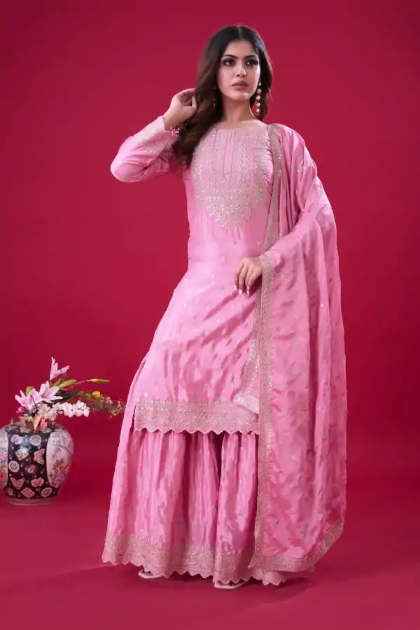 Perfect Pink Color Chinon Silk Sequence Work Salwar Suit