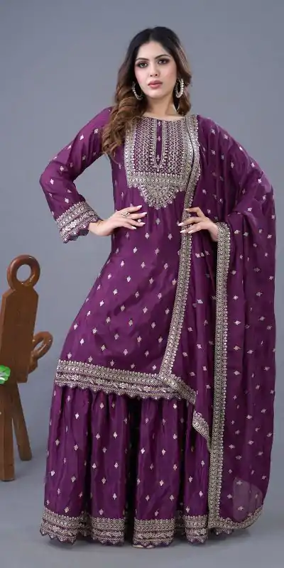 Perfect Wine Color Chinon Silk Sequence Work Salwar Suit