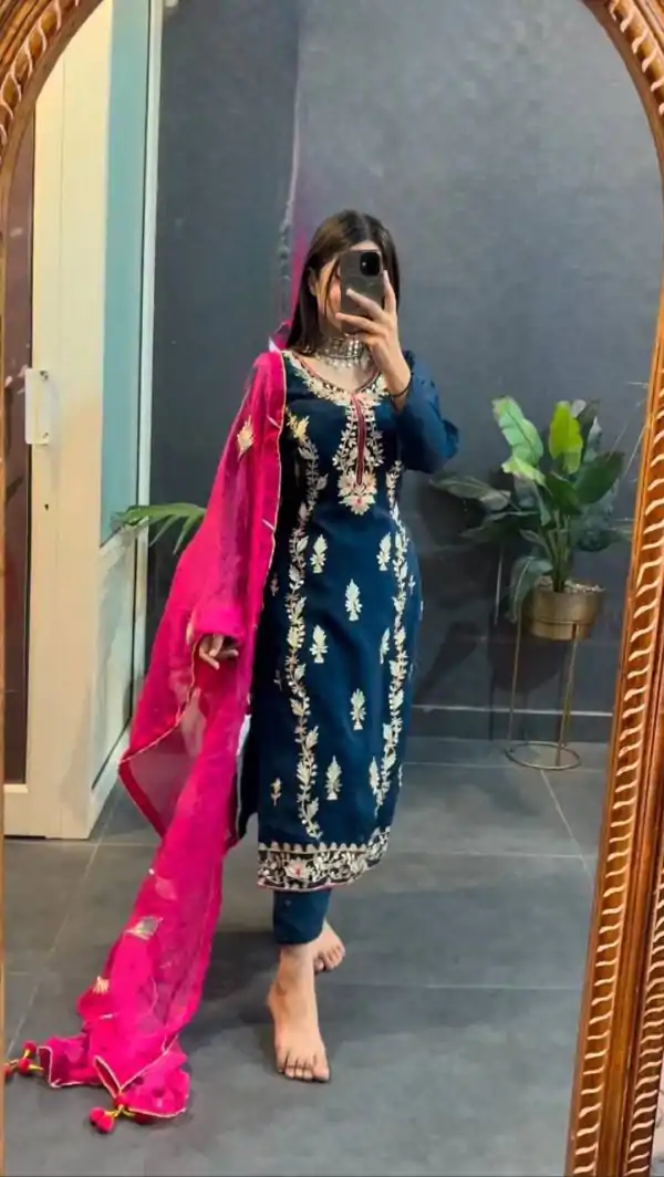 Prefect Navy Blue Color Chinon Silk Sequence Work Salwar Suit