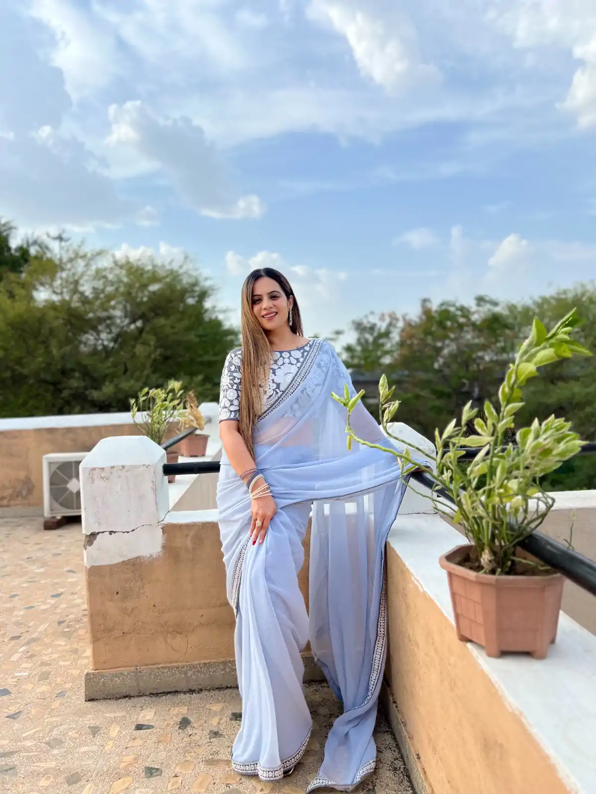 Pretty Light Purple Color Georgette Embroidery Work Lace Saree - Image 2