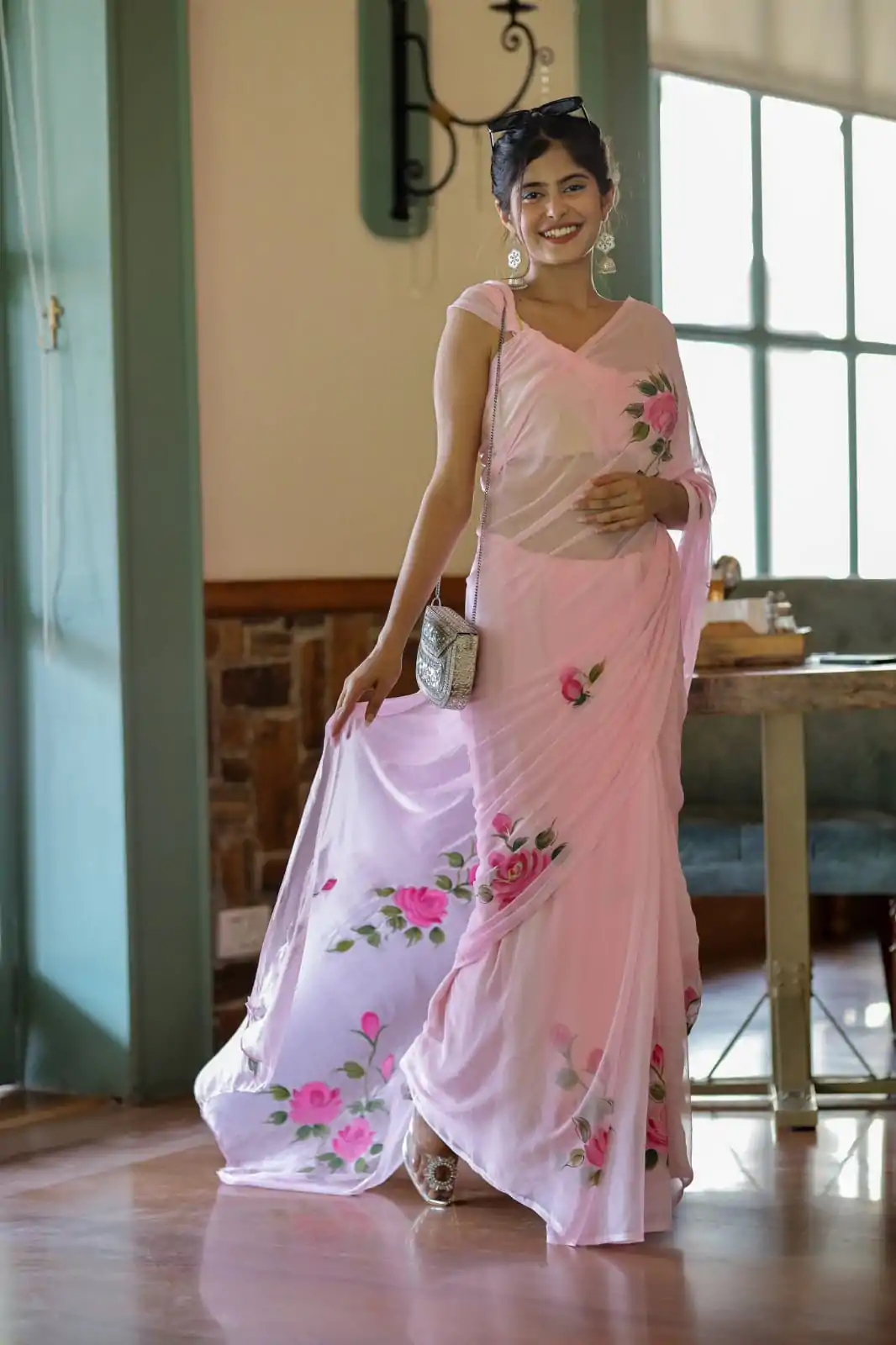 Pretty Pink Color Soft Georgette Silk All Over Saree - Image 2