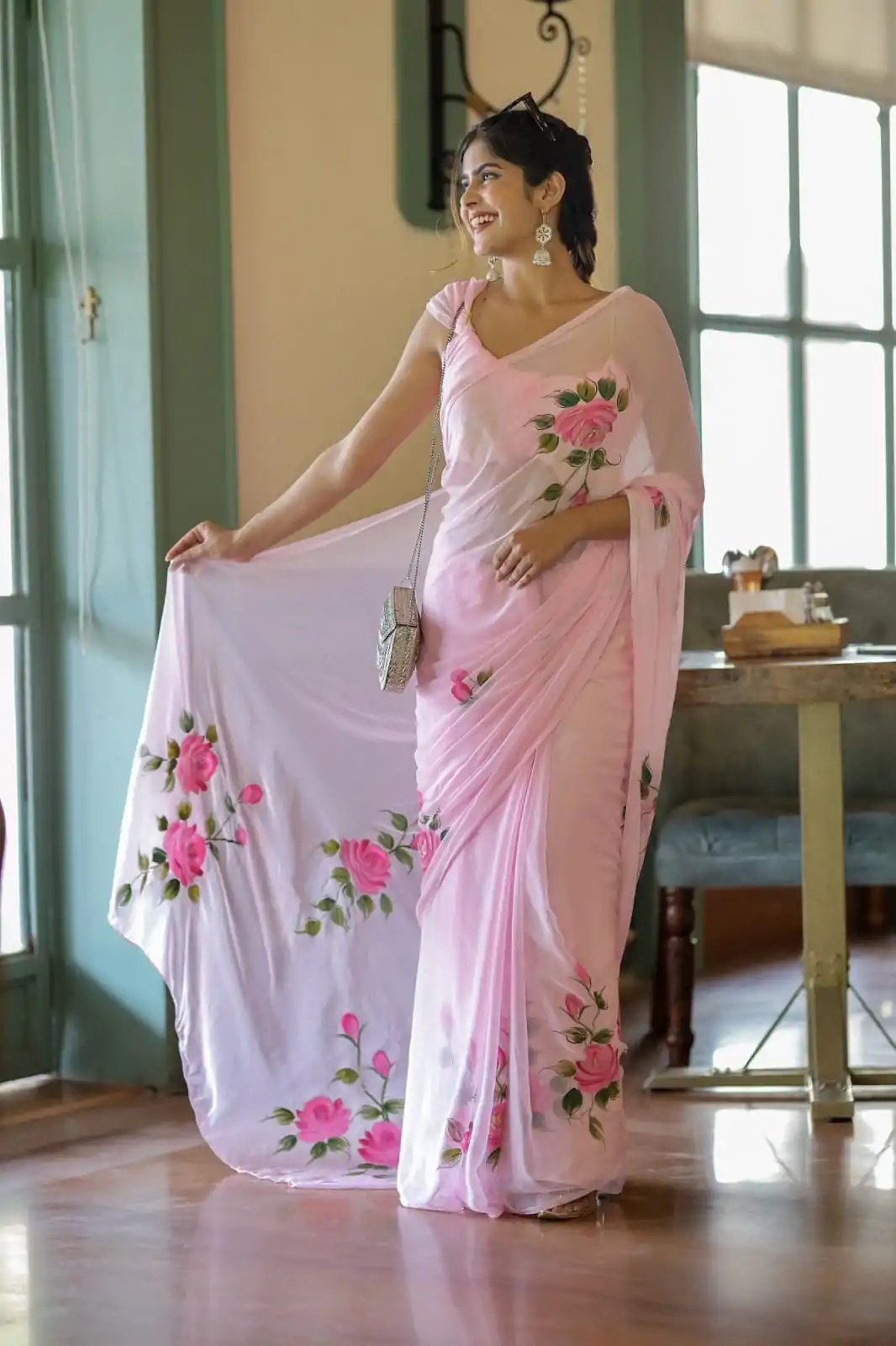 Pretty Pink Color Soft Georgette Silk All Over Saree - Image 8