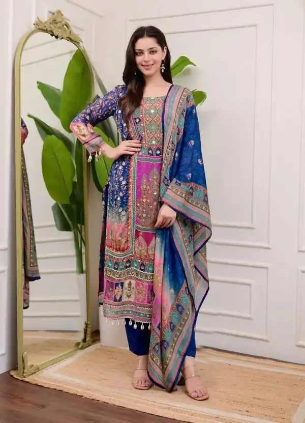 Special Royal Blue Color Chinon Printed Mirror Work Moti Lace Salwar Suit