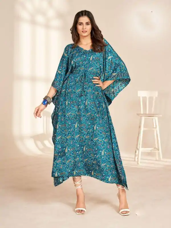 Stylist Blue Color Heavy French Crape Print Kaftan Suit