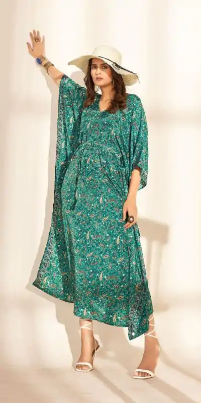 Stylist Green Color Heavy French Crape Print Kaftan Suit