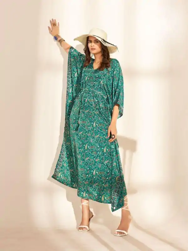 Stylist Green Color Heavy French Crape Print Kaftan Suit