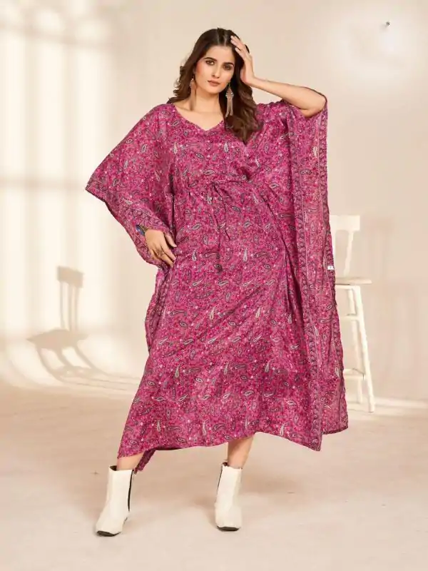 Stylist Pink Color Heavy French Crape Print Kaftan Suit