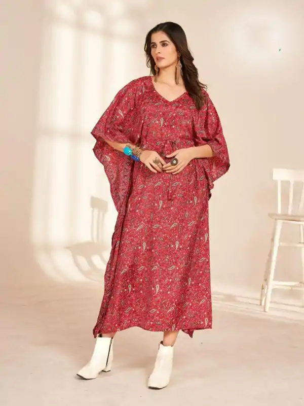 Stylist Red Color Heavy French Crape Print Kaftan Suit