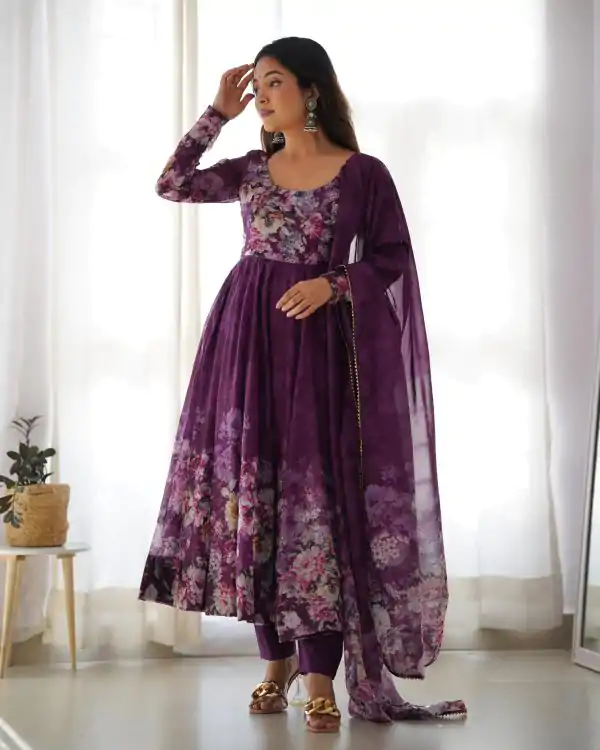Stylist Wine Color Soft Organza Silk Print With Kali Gown