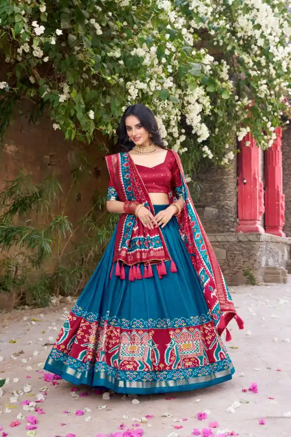 Superb Blue Color Tushar Silk Patola Printed  Lehenga Choli