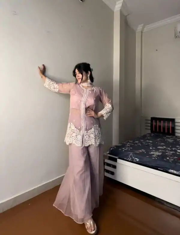 Superb Pink Color Organza Sequence Work Indo-Western Suit