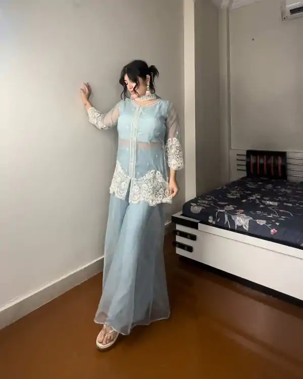 Superb Sky Blue Color Organza Sequence Work Indo-Western Suit