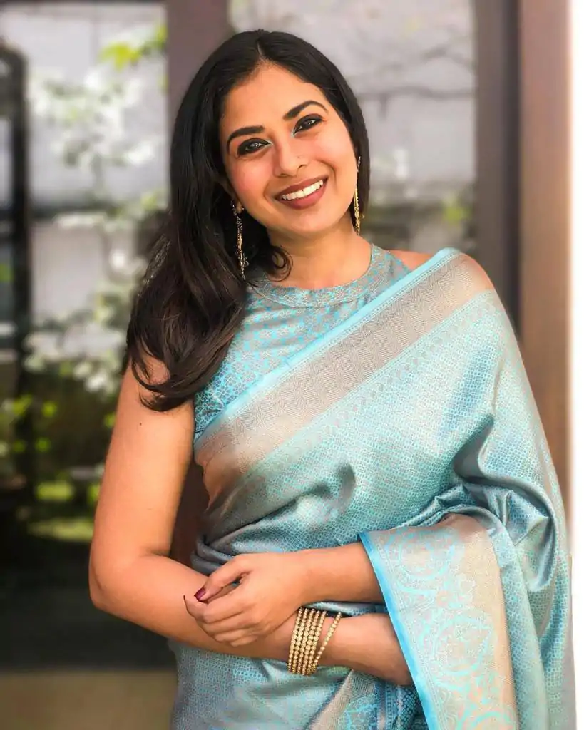 Superb Sky Blue Color Soft Lichi Silk Jacquard Work On All Over Saree - Image 3