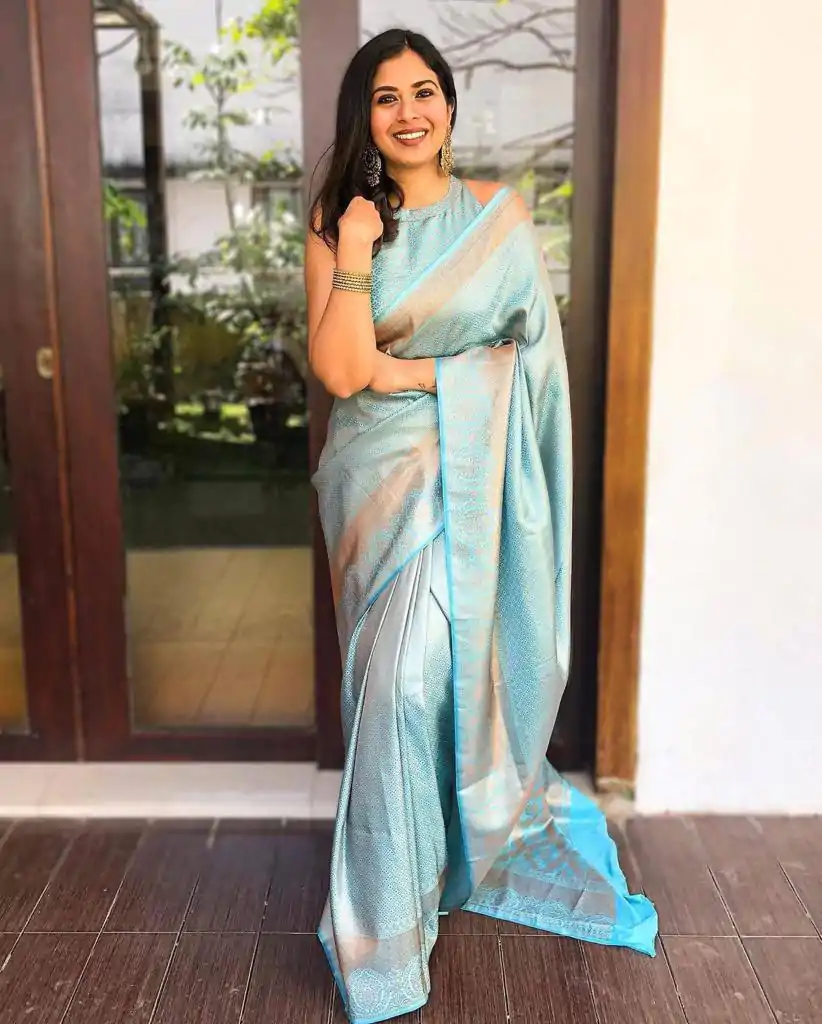 Superb Sky Blue Color Soft Lichi Silk Jacquard Work On All Over Saree
