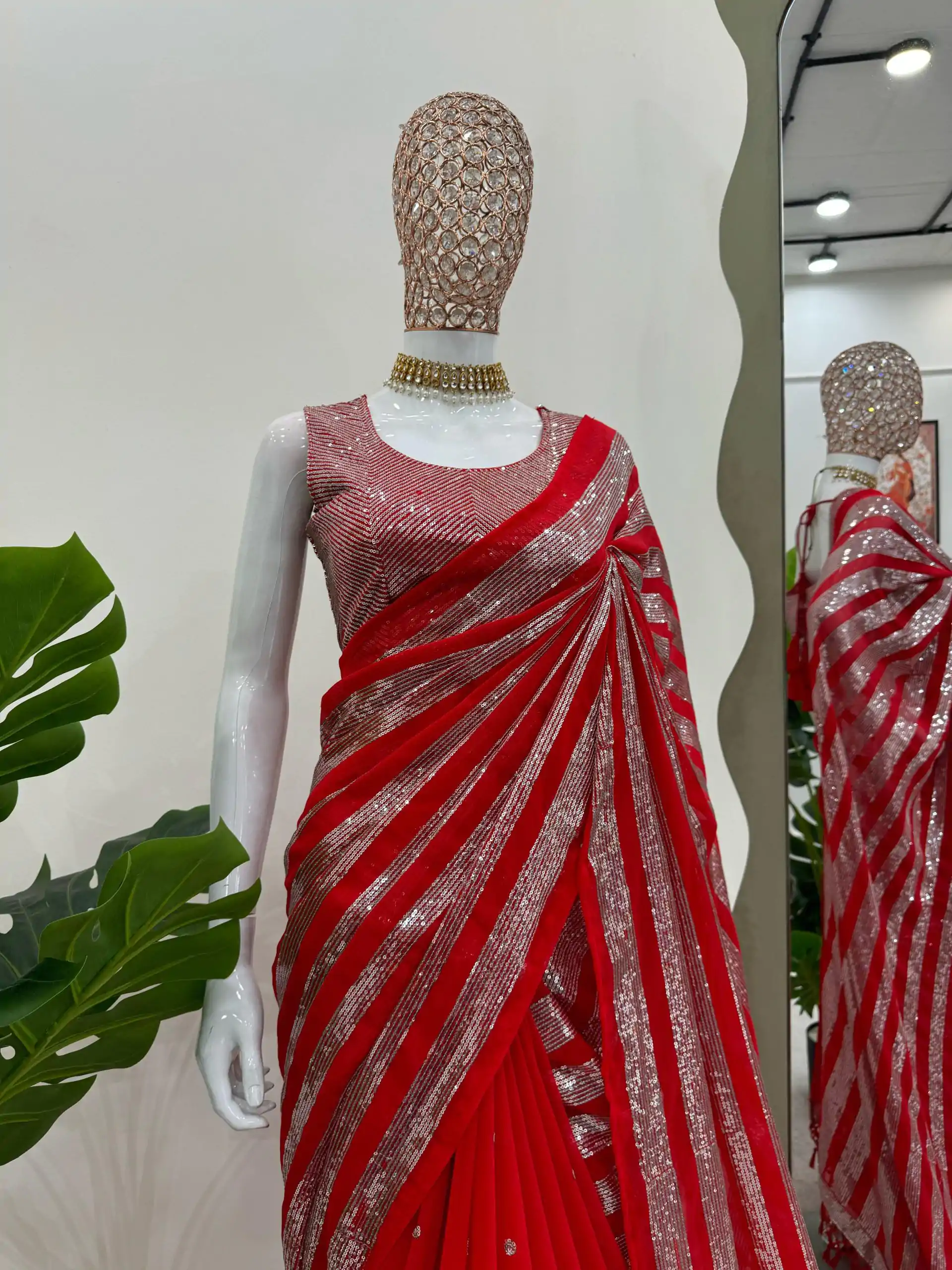 Traditional Red Color Georgette Thread Sequence Work Saree - Image 2