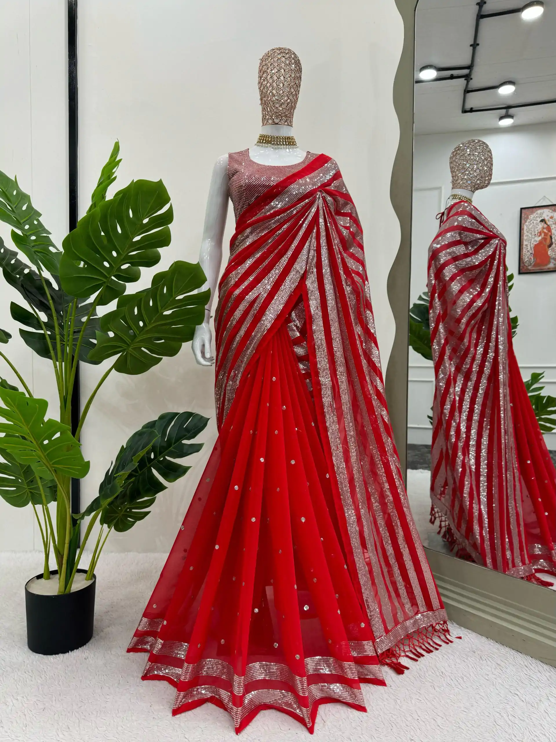 Traditional Red Color Georgette Thread Sequence Work Saree - Image 3