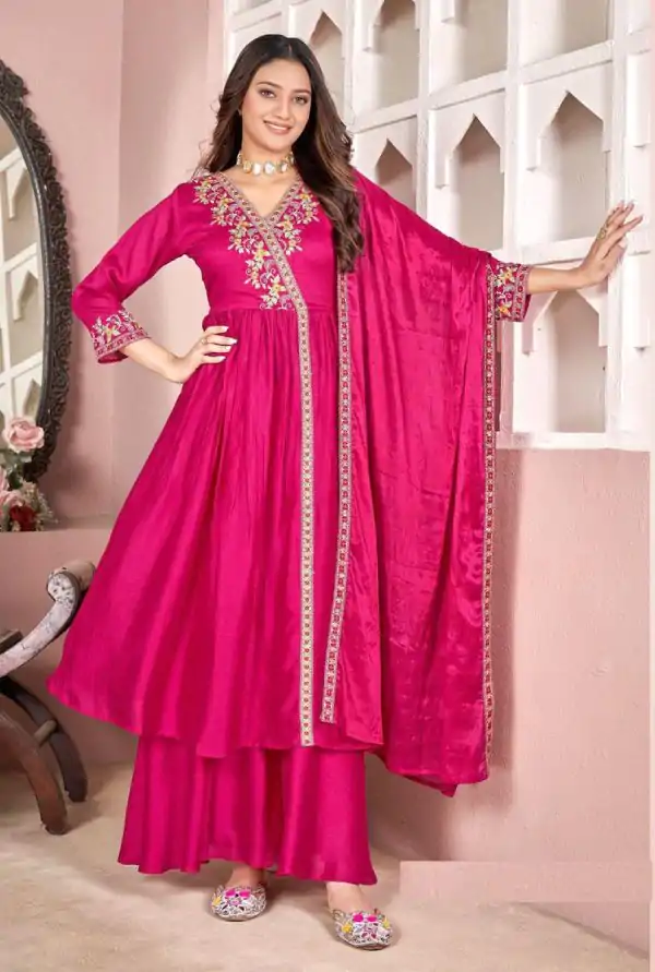 Trendy Rani Pink Color Vichitra Embroidery Work Salwar Suit