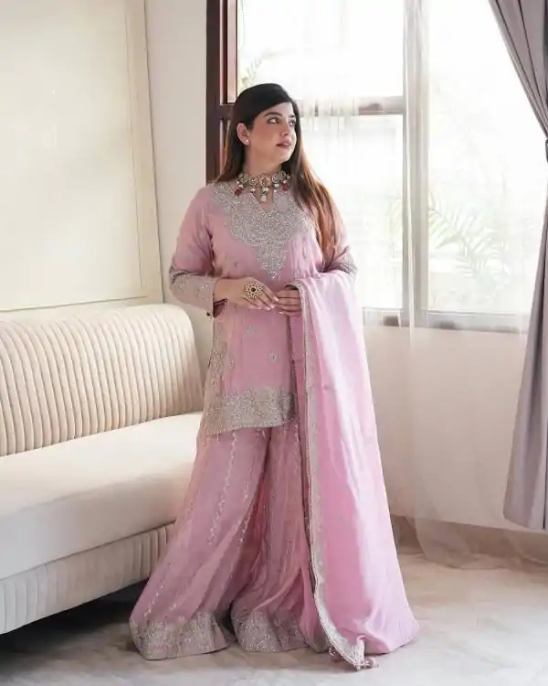 Wonderful Pink Color Chinon Sequence Rivet Moti Salwar Suit