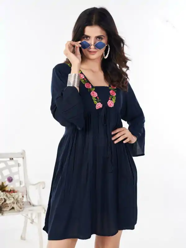 Fancy Navy Blue Color Rayon Heavy Embroidery Work Kurti