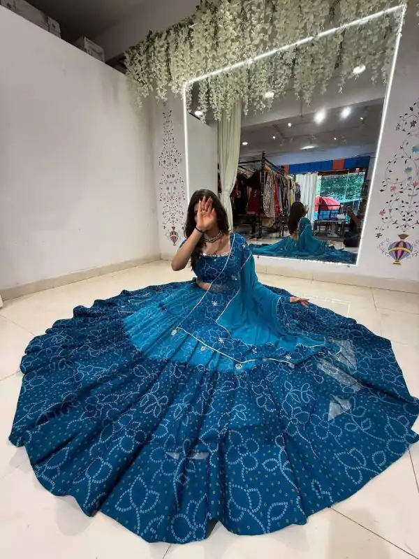 Blue Georgette Mirror Work Lehenga Choli