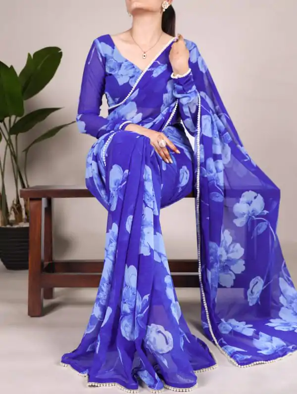 Blue Chiffon Printed Saree
