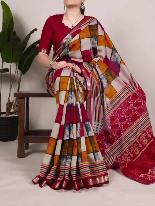 Maroon Chanderi Printed Saree