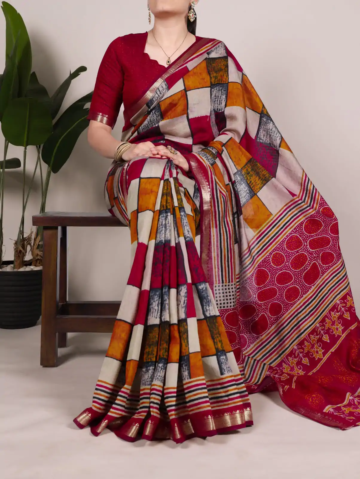 Maroon Chanderi Printed Saree