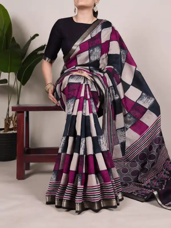 Navy Blue Chanderi Printed Saree