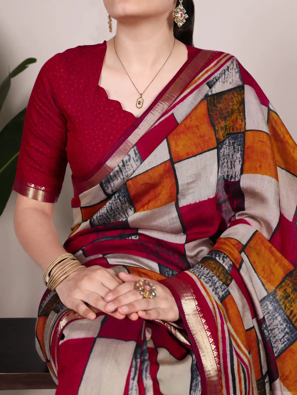 Maroon Chanderi Printed Saree - Image 2
