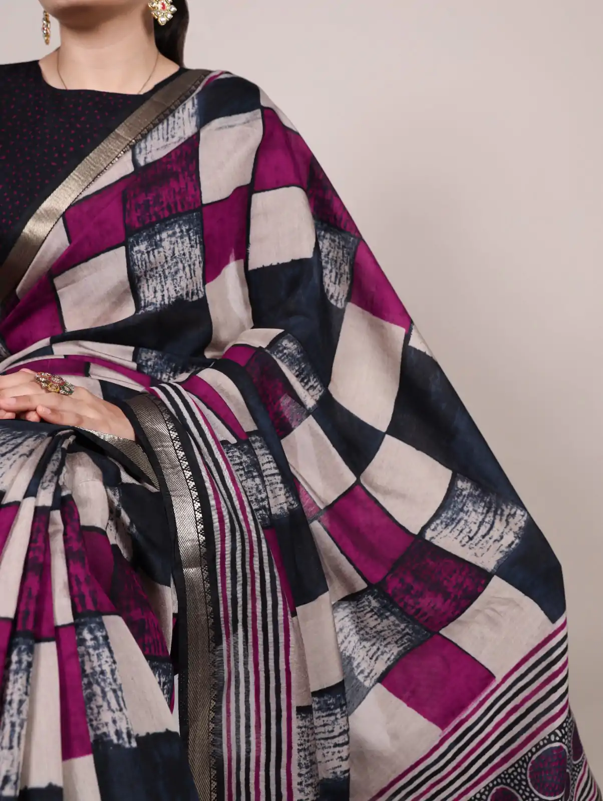 Navy Blue Chanderi Printed Saree - Image 3