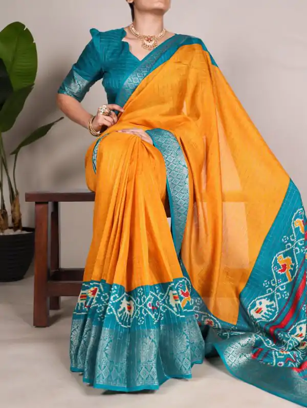 Mustard Tussar Chex Patola Saree