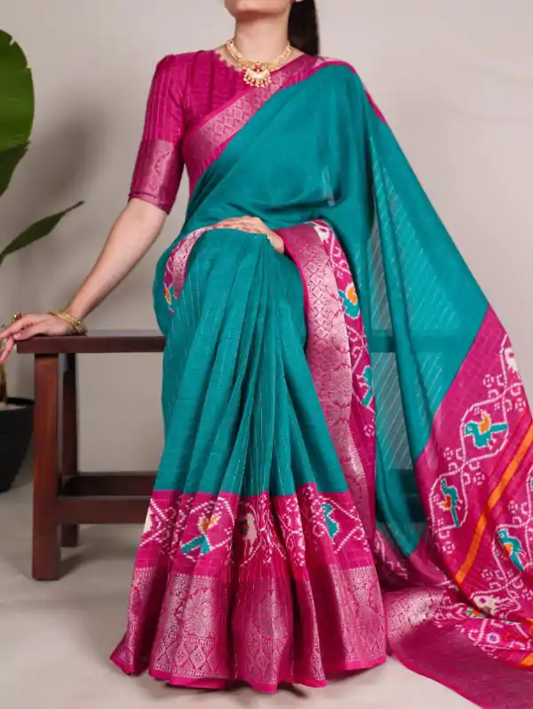 Firozi Tussar Chex Patola Saree