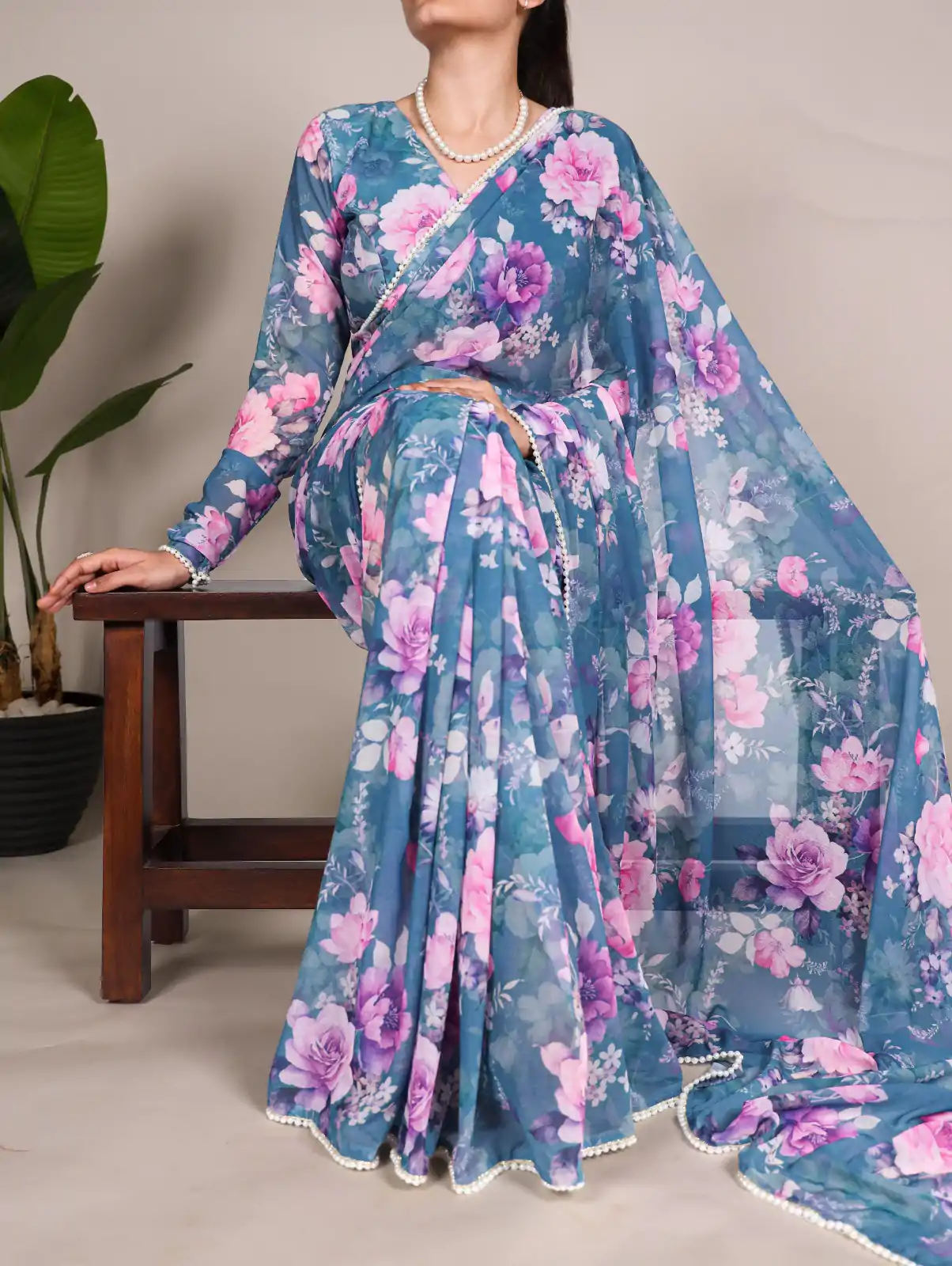 Blue Weightless Printed Pearl Saree - Image 7