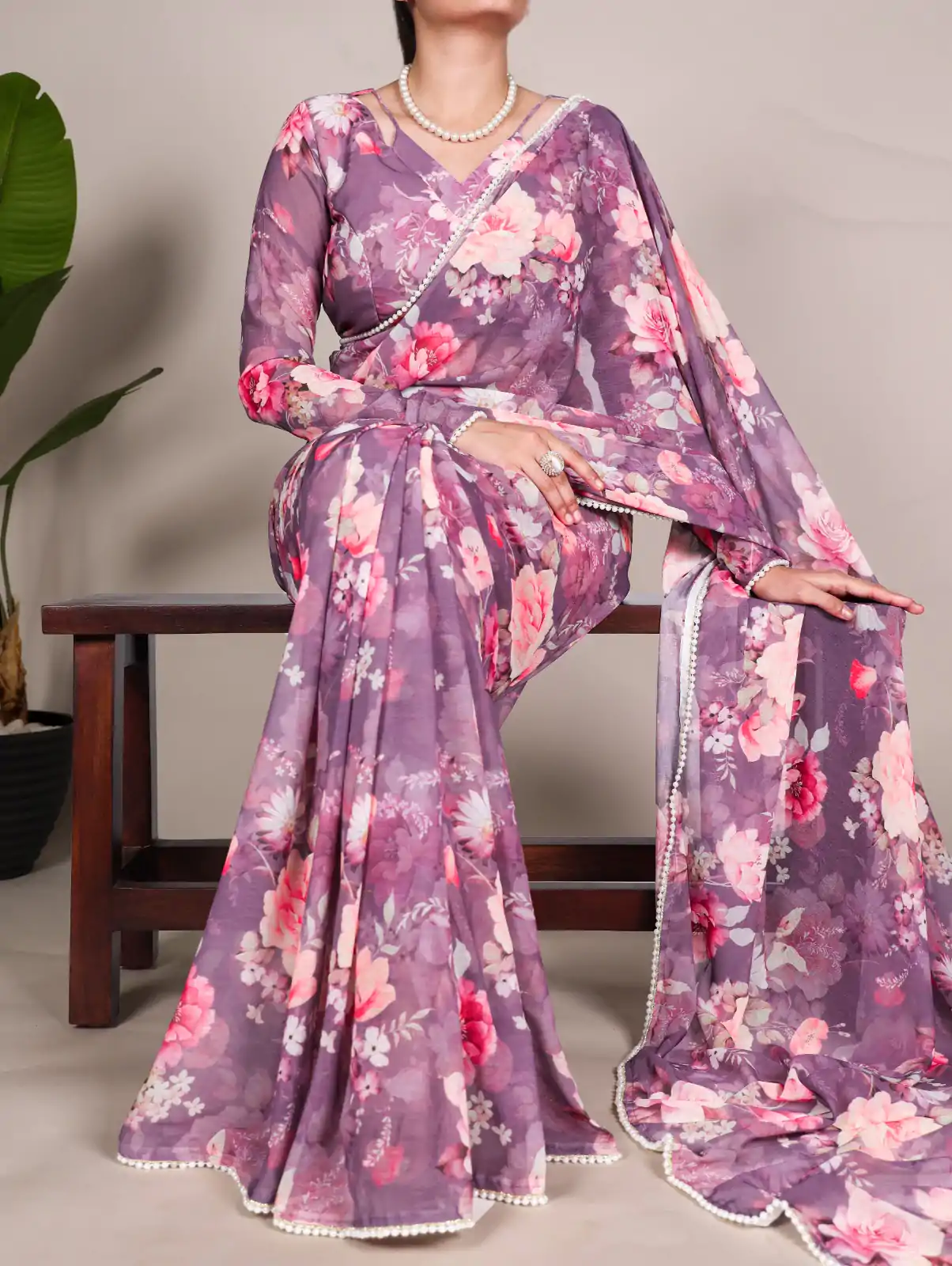 Onion Weightless Printed Pearl Saree - Image 5