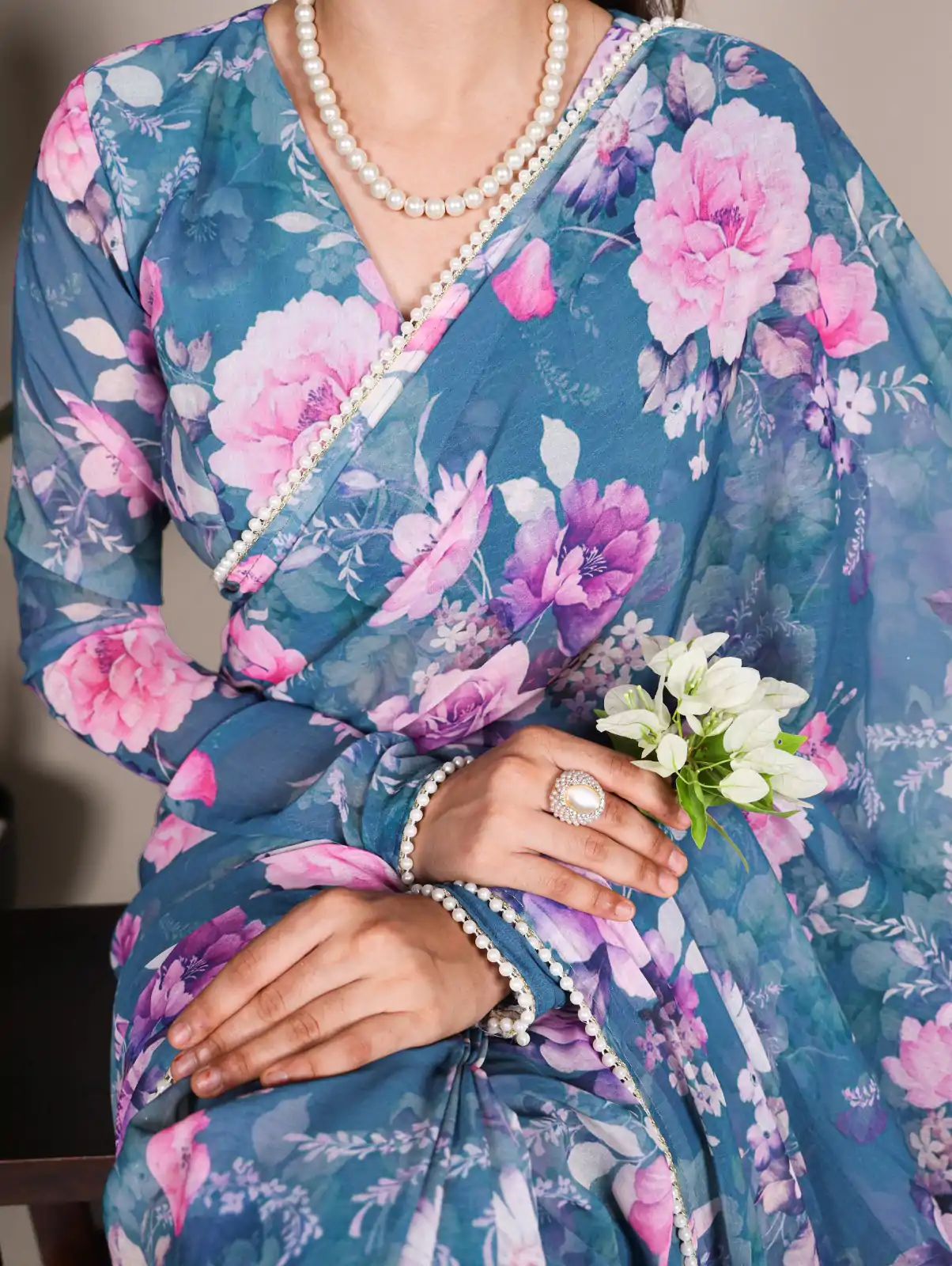 Blue Weightless Printed Pearl Saree - Image 3