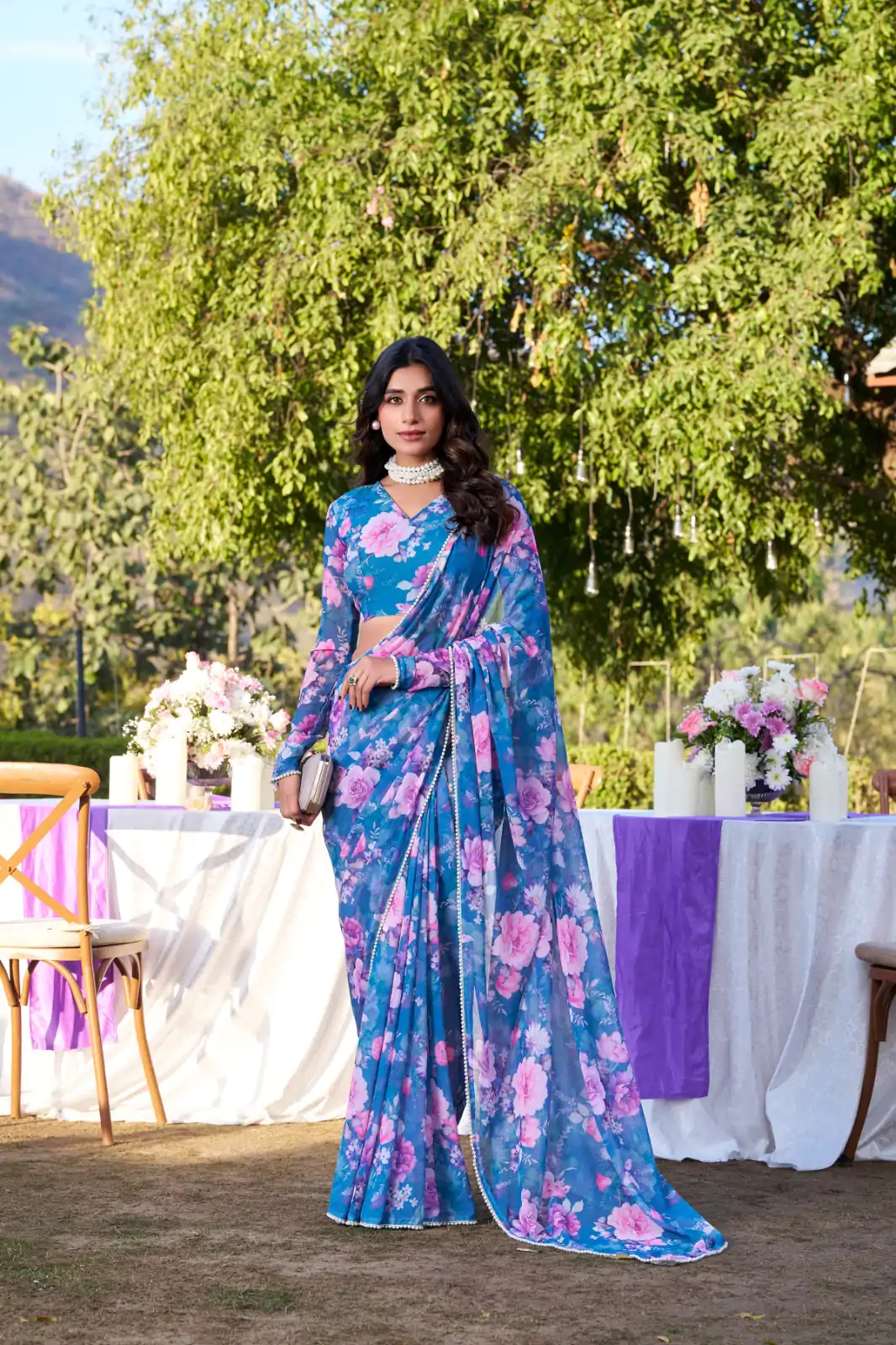Blue Weightless Printed Pearl Saree - Image 6