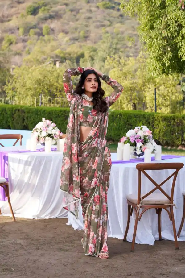 Mehandi Weightless Printed Pearl Saree