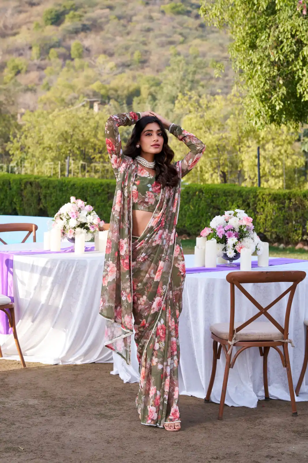Mehandi Weightless Printed Pearl Saree - Image 4