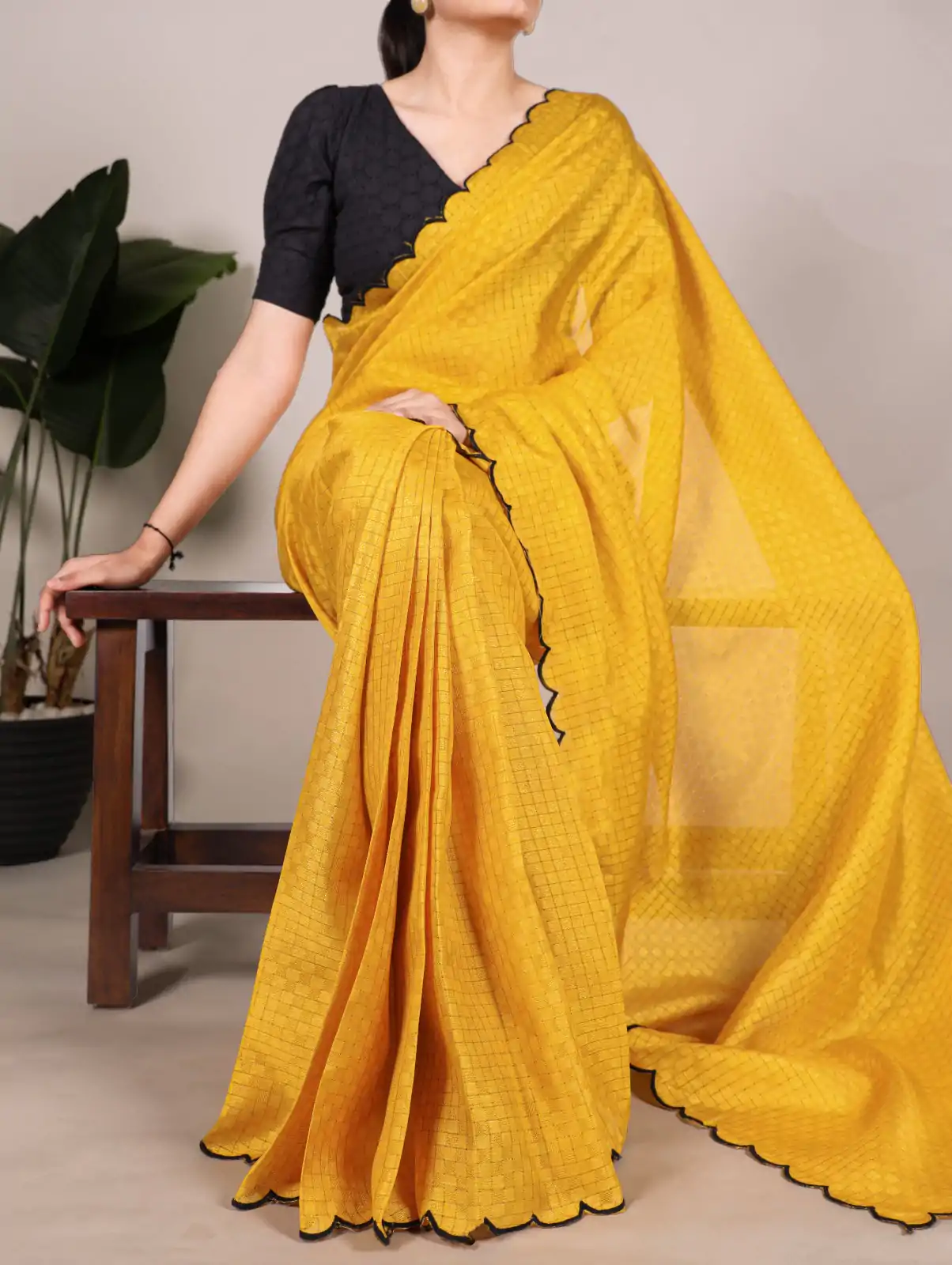 Yellow Gadhawal Arca Work Saree