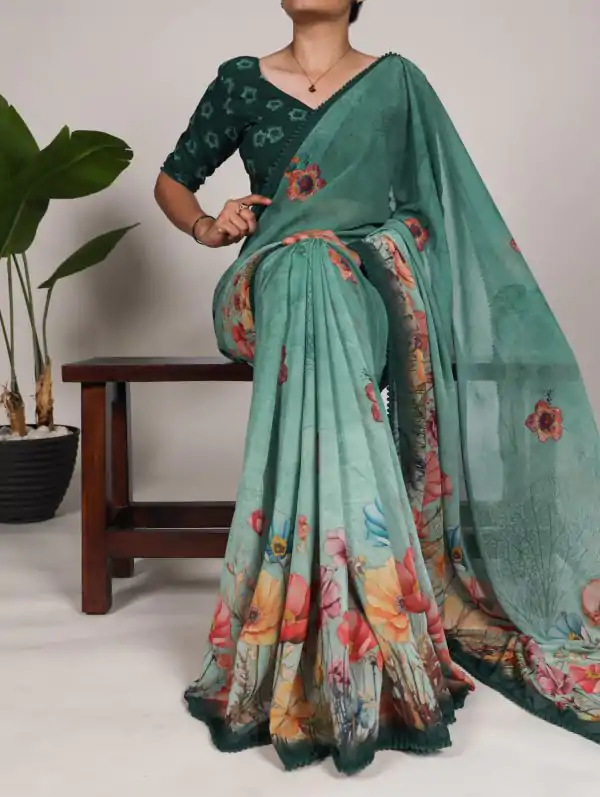 Green Georgette Floral Saree
