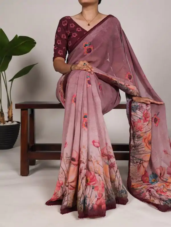 Onion Georgette Floral Saree