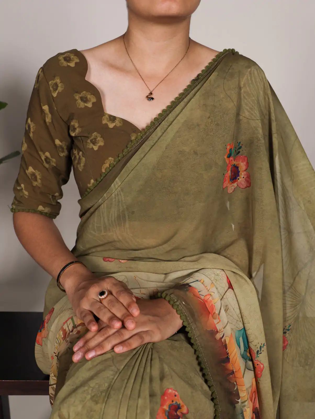 Mahendi Georgette Floral Saree - Image 2